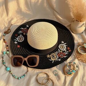 BCBGeneration Embroidered Woven Straw Beach Hat